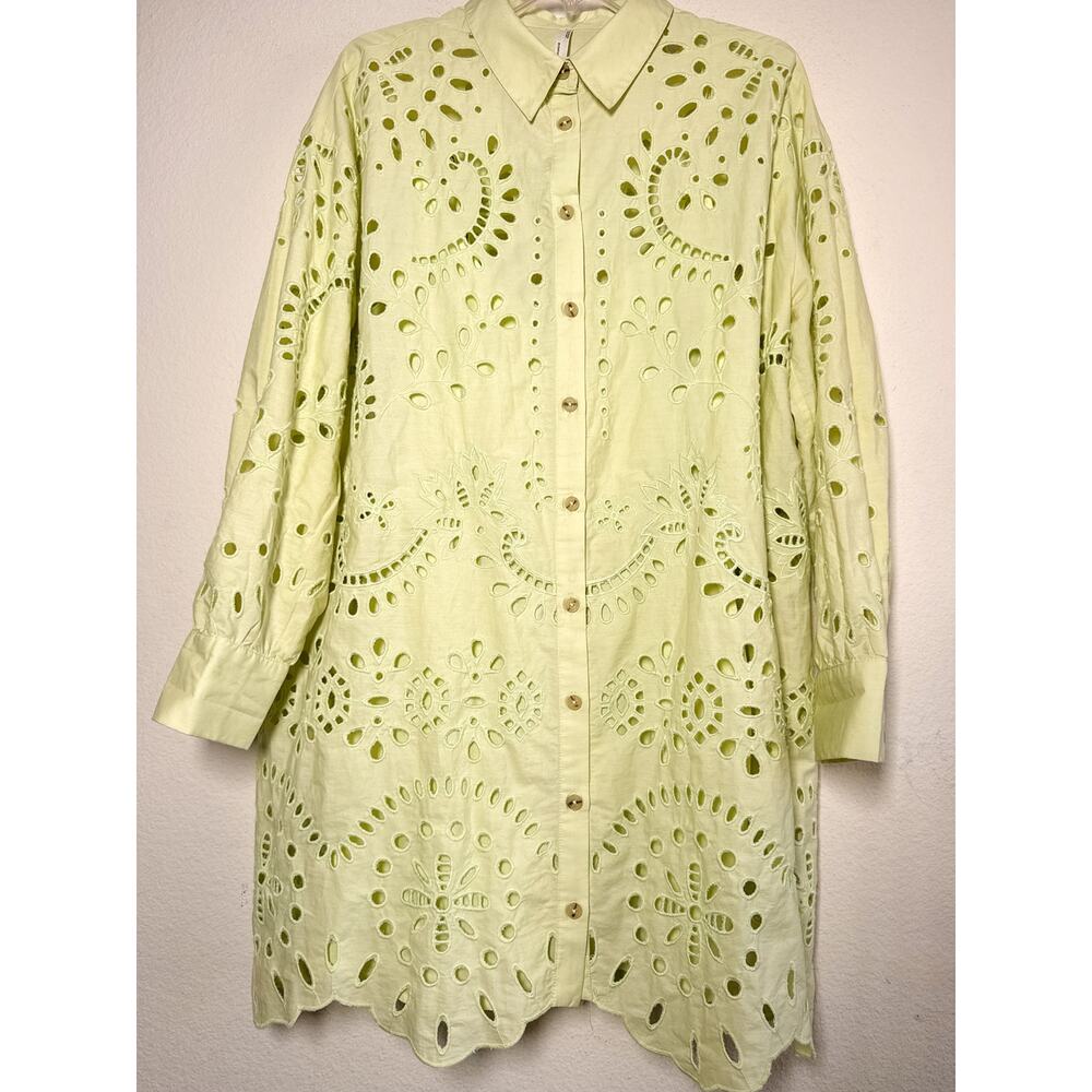Anthro Eyelet Shirt Dress Green Cutout Mini Dress Button Front Cotton Size M - Picture 3 of 13